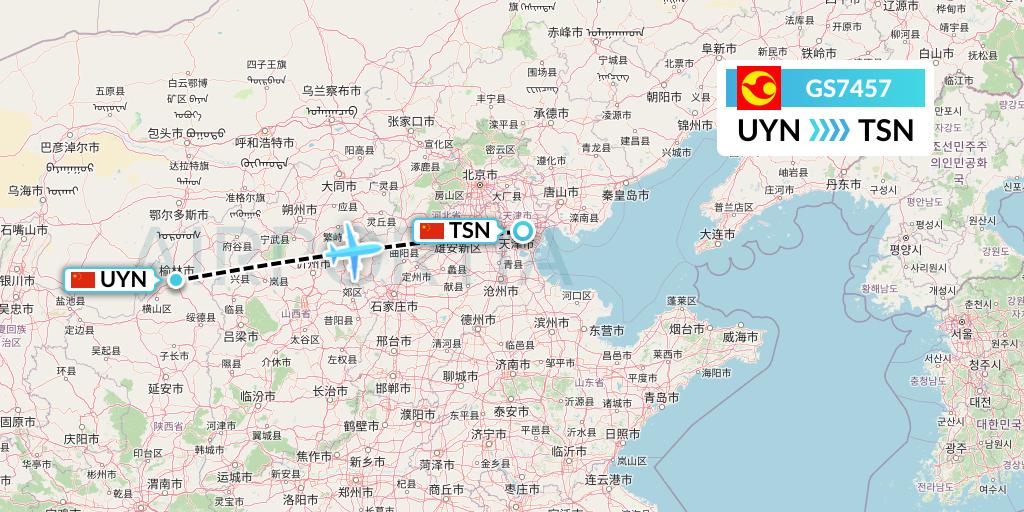 GS7457 Tianjin Airlines Flight Map: Yulin to Tianjin