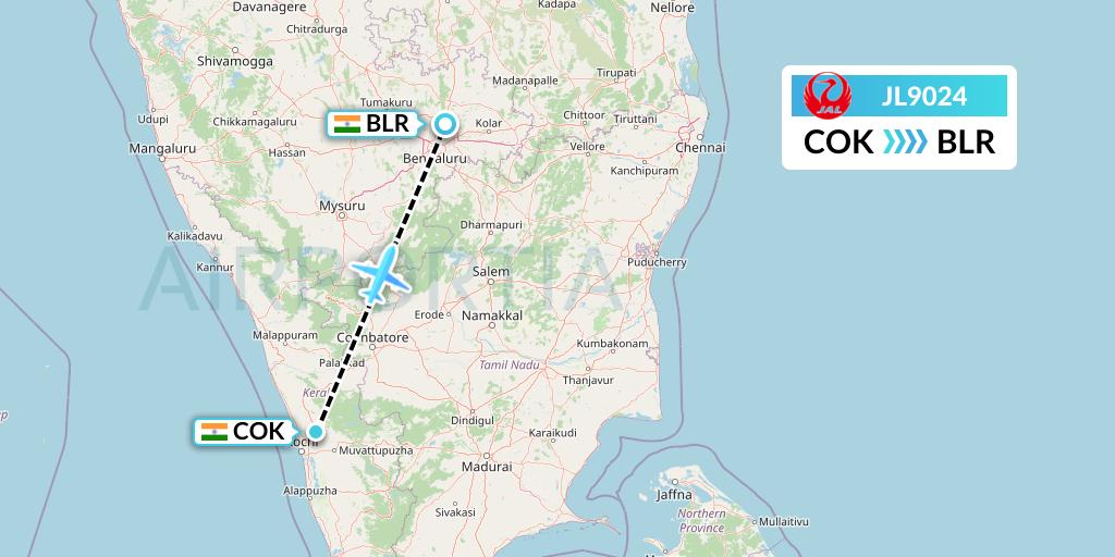 JL9024 Japan Airlines Flight Map: Cochin to Bangalore