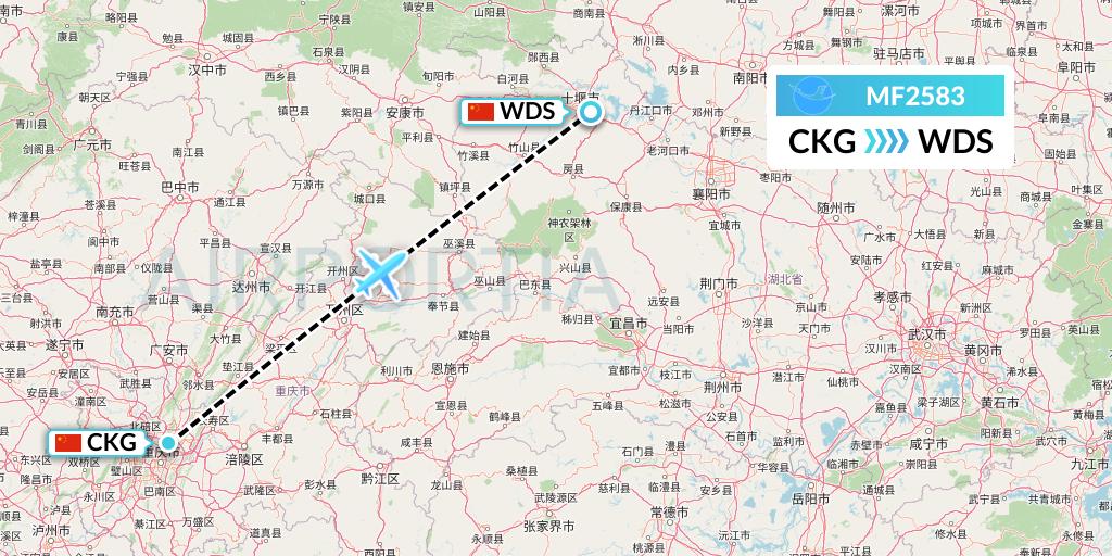 MF2583 Xiamen Airlines Flight Map: Chongqing to Shiyan