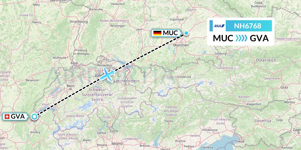 NH6768 All Nippon Airways Flight Map: Munich to Geneva