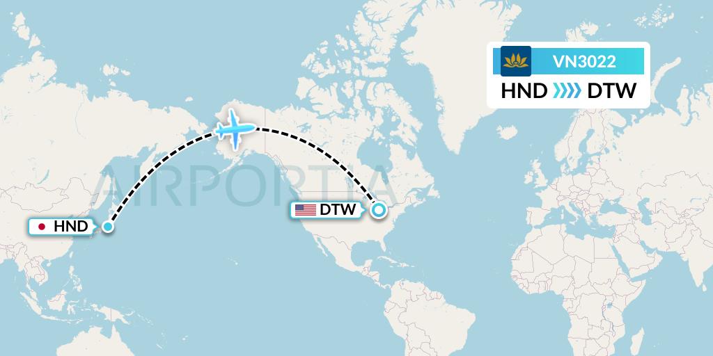 VN3022 Vietnam Airlines Flight Map: Tokyo to Detroit