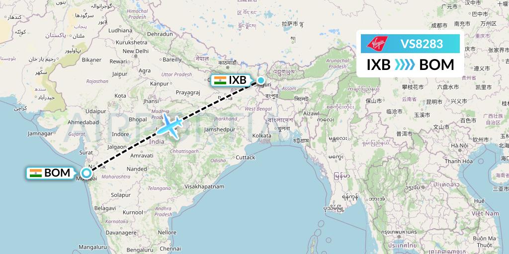 VS8283 Virgin Atlantic Airways Flight Map: Siliguri to Mumbai