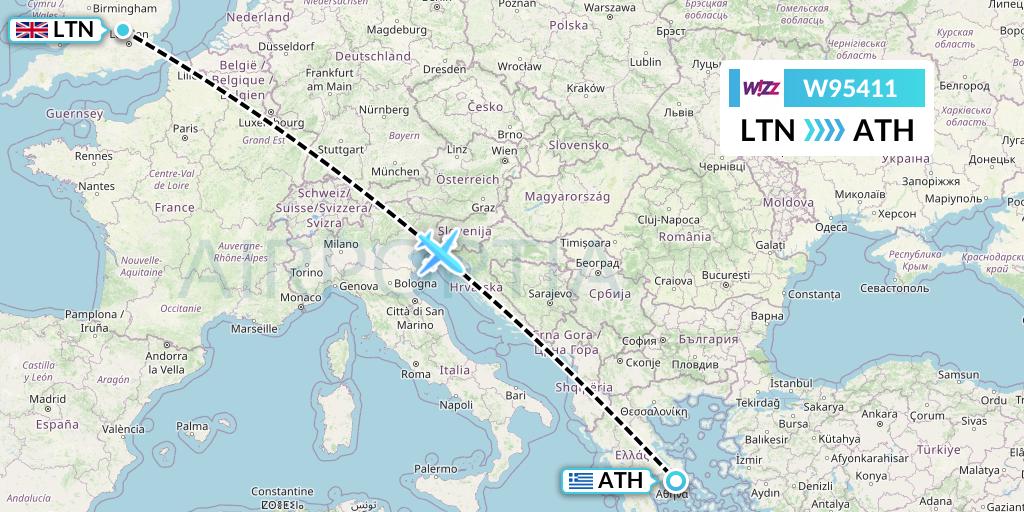 W95411 Wizz Air UK Flight Map: London to Athens