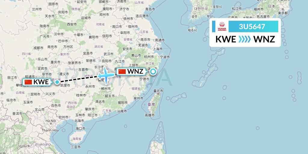 3U5647 Sichuan Airlines Flight Map: Guiyang to Wenzhou