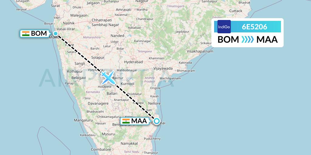 6E5206 IndiGo Airlines Flight Map: Mumbai to Chennai