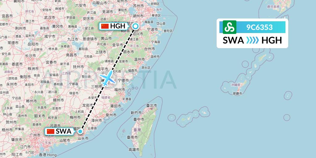 9C6353 Spring Airlines Flight Map: Jieyang to Hangzhou