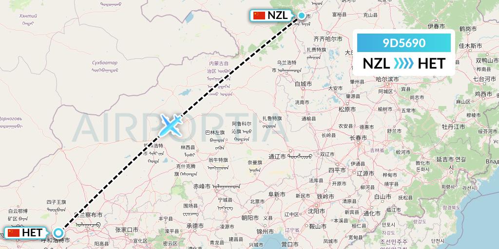 9D5690 Genghis Khan Airlines Flight Map: Changchun to Hohhot