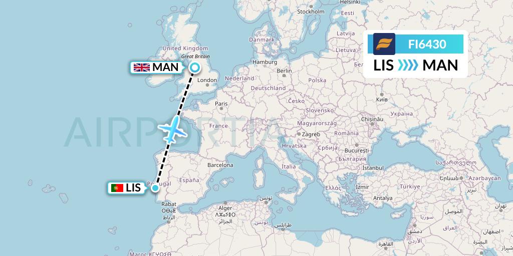 FI6430 Icelandair Flight Map: Lisbon to Manchester