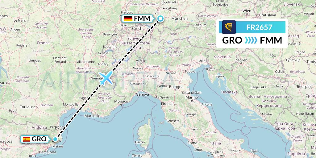FR2657 Ryanair Flight Map: Girona to Memmingen