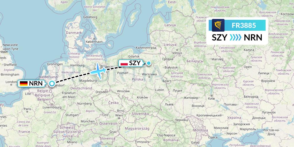 FR3885 Ryanair Flight Map: Olsztyn to Weeze