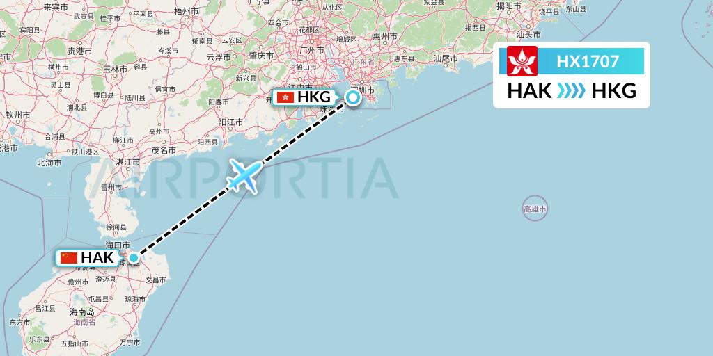 HX1707 Hong Kong Airlines Flight Map: Haikou to Hong Kong