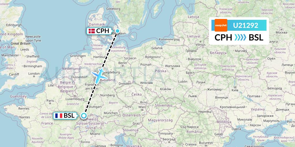 U21292 EasyJet Flight Map: Copenhagen to Basel