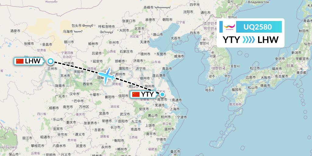 UQ2580 Urumqi Airlines Flight Map: Yangzhou to Lanzhou