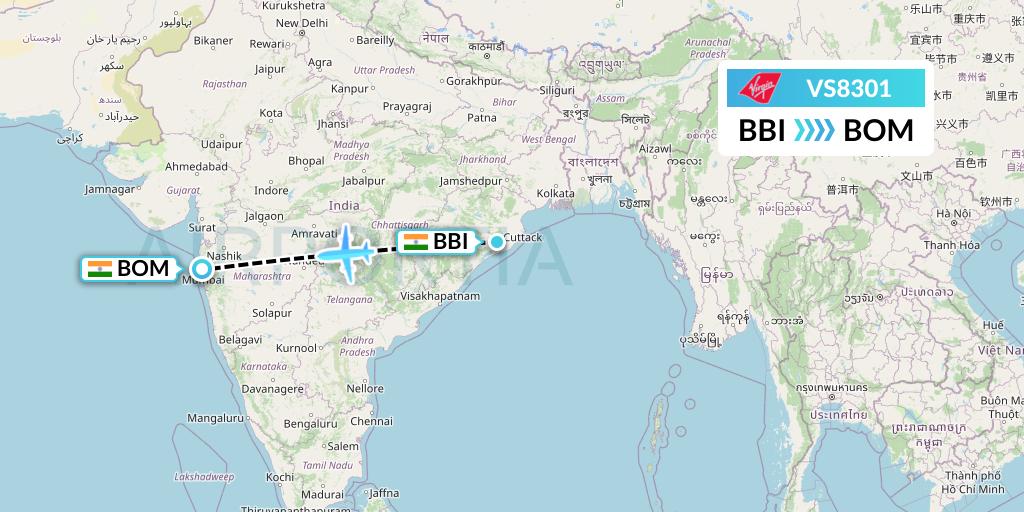 VS8301 Virgin Atlantic Airways Flight Map: Bhubaneswar to Mumbai