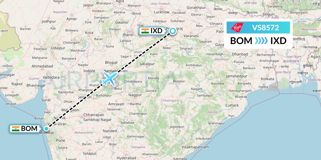 VS8572 Virgin Atlantic Airways Flight Map: Mumbai to Allahabad