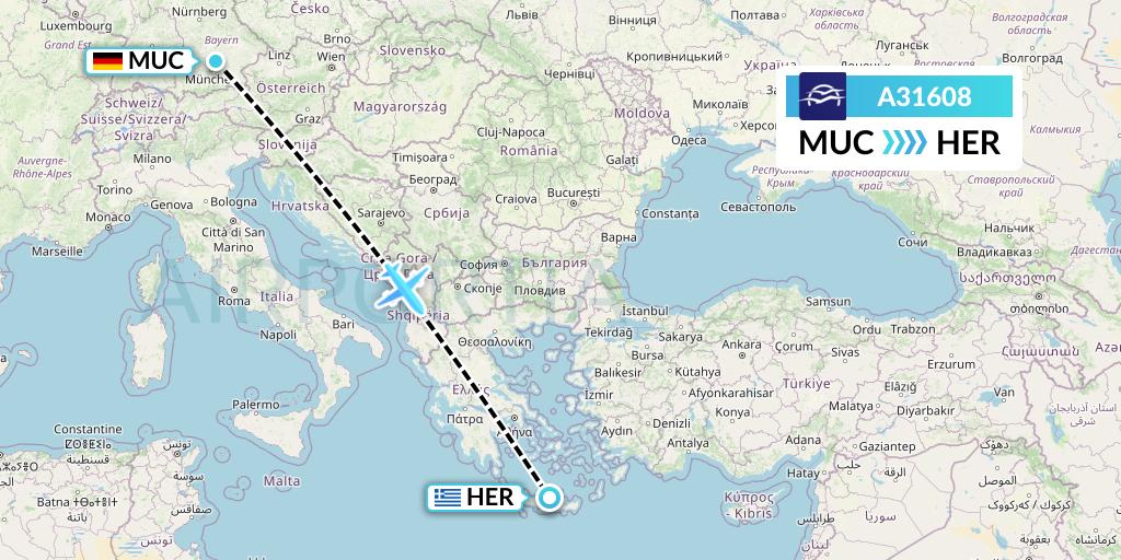 A31608 Aegean Airlines Flight Map: Munich to Heraklion