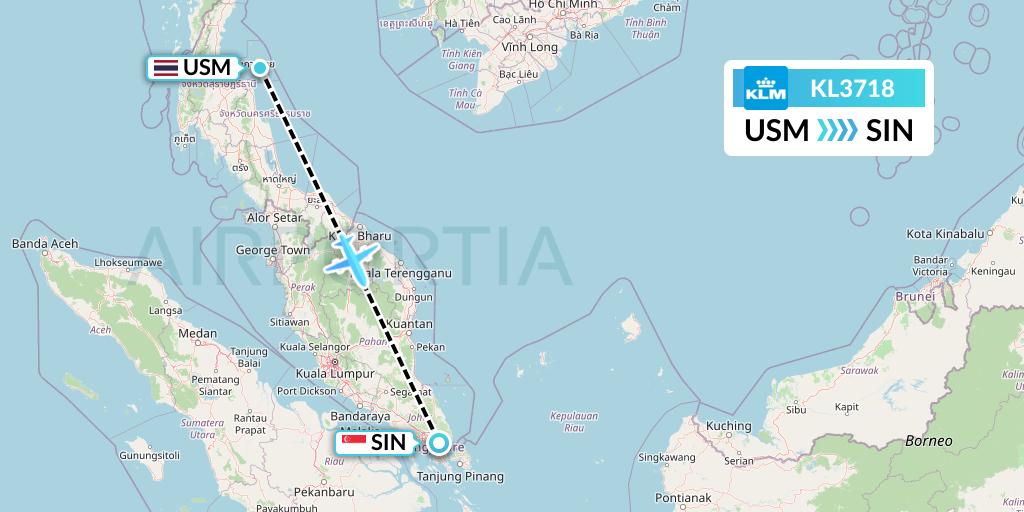 KL3718 KLM Flight Map: Koh Samui to Singapore