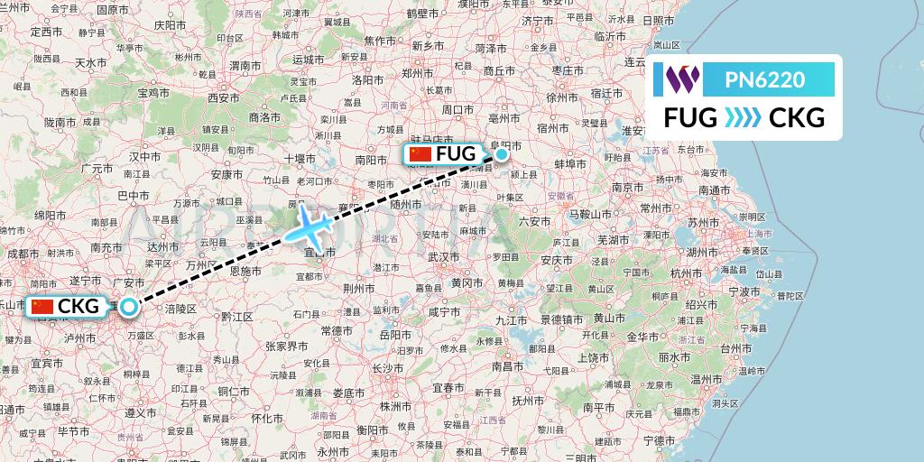 PN6220 China West Air Flight Map: Fuyang to Chongqing