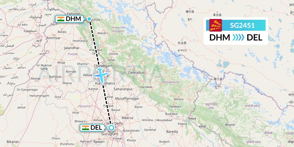 SG2451 SpiceJet Flight Map: Dharamsala to Delhi