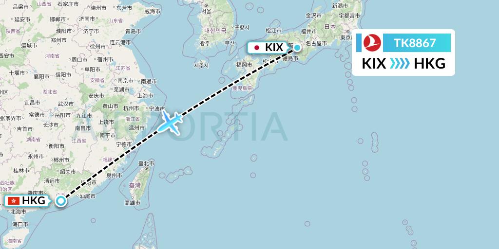 TK8867 Turkish Airlines Flight Map: Osaka to Hong Kong