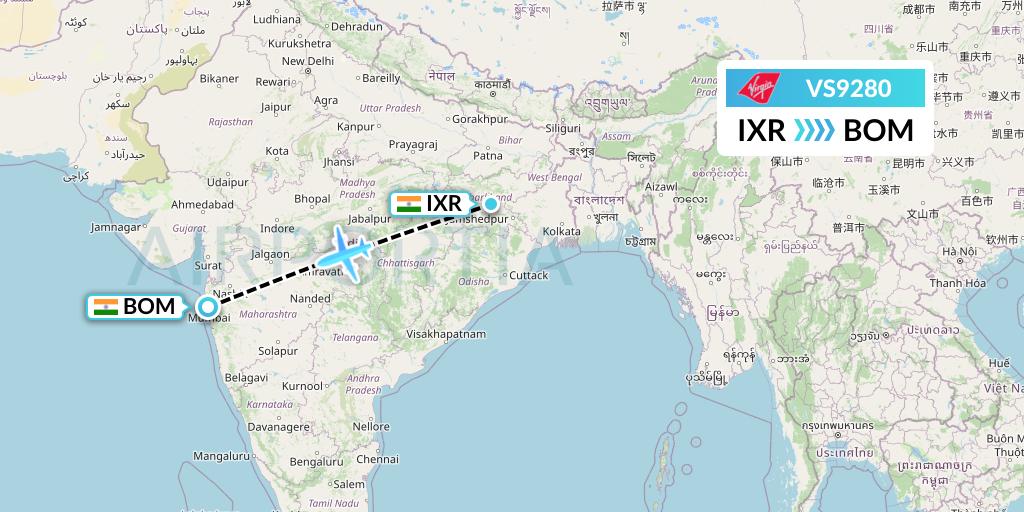 VS9280 Virgin Atlantic Airways Flight Map: Ranchi to Mumbai