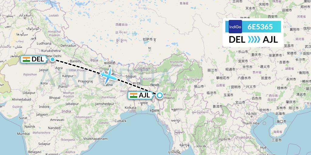 6E5365 IndiGo Airlines Flight Map: Delhi to Aizawl