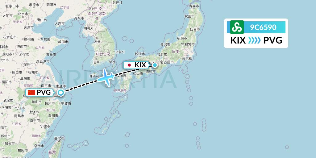 9C6590 Spring Airlines Flight Map: Osaka to Shanghai