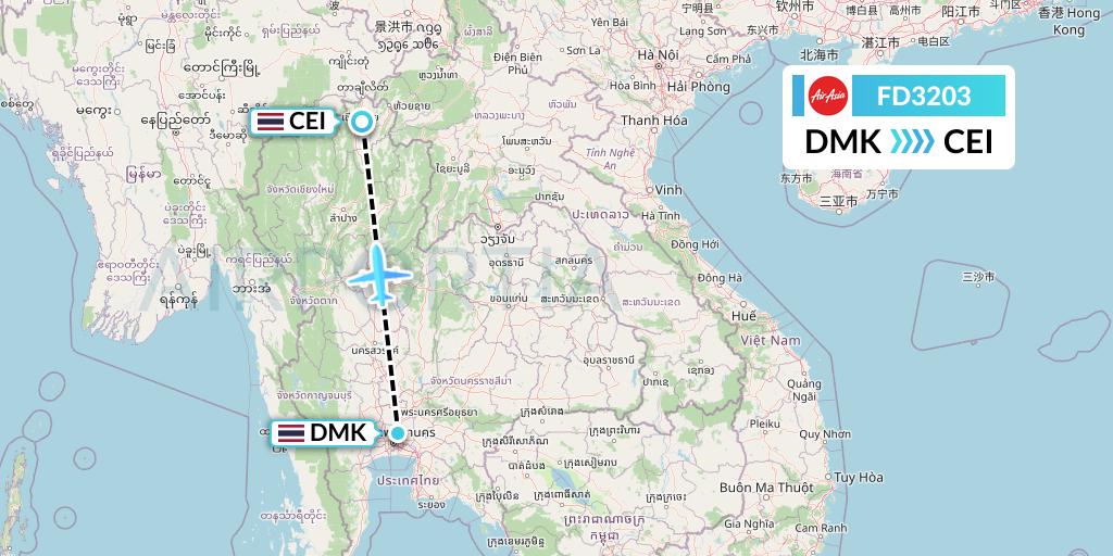 FD3203 Thai AirAsia Flight Map: Bangkok to Chiang Rai