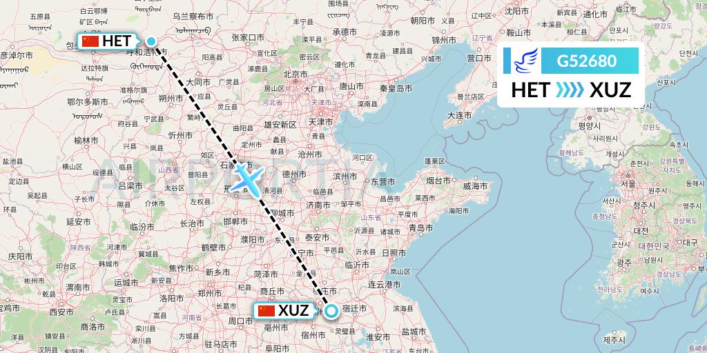 G52680 China Express Airlines Flight Map: Hohhot to Xuzhou