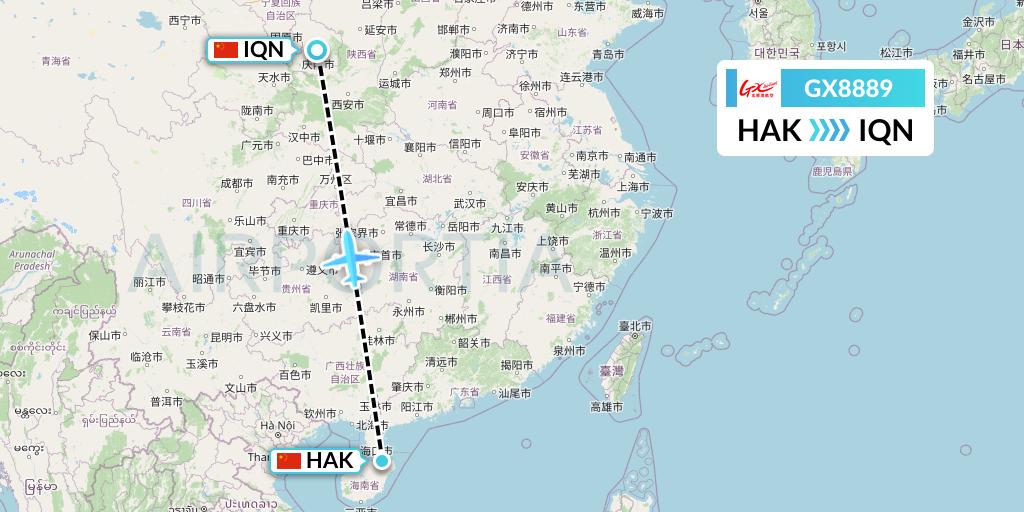 GX8889 GX Airlines Flight Map: Haikou to Qingyang
