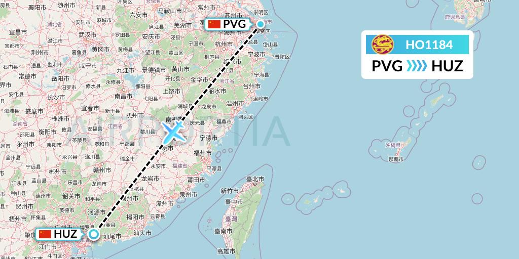 HO1184 Juneyao Airlines Flight Map: Shanghai to Huizhou