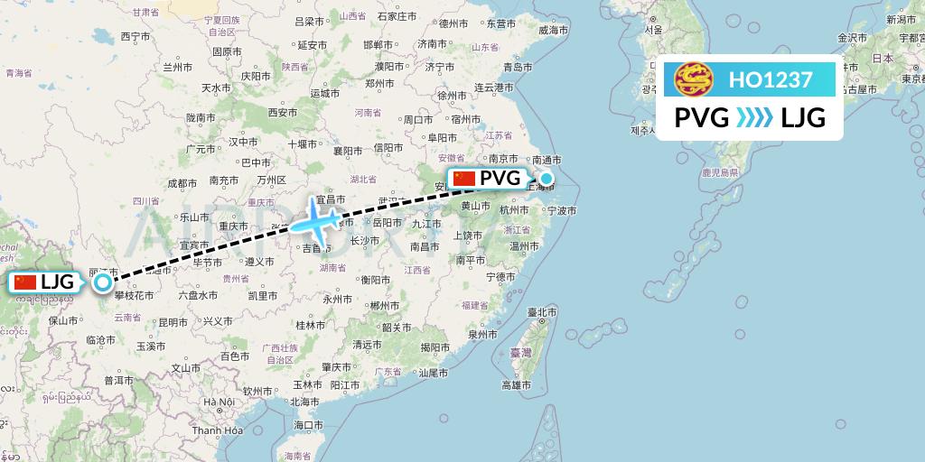 HO1237 Juneyao Airlines Flight Map: Shanghai to Lijiang