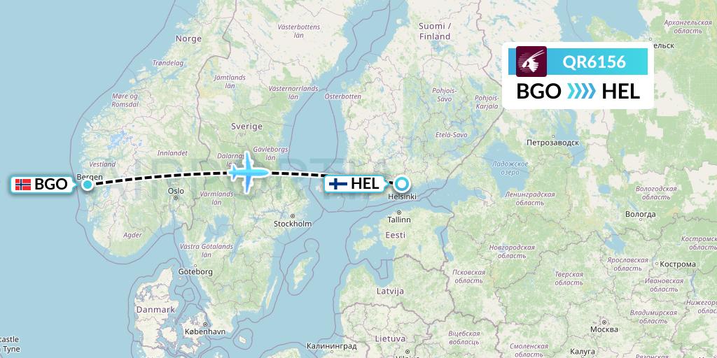 QR6156 Qatar Airways Flight Map: Bergen to Helsinki