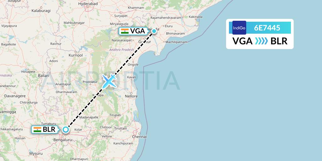 6E7445 IndiGo Airlines Flight Map: Vijayawada to Bangalore