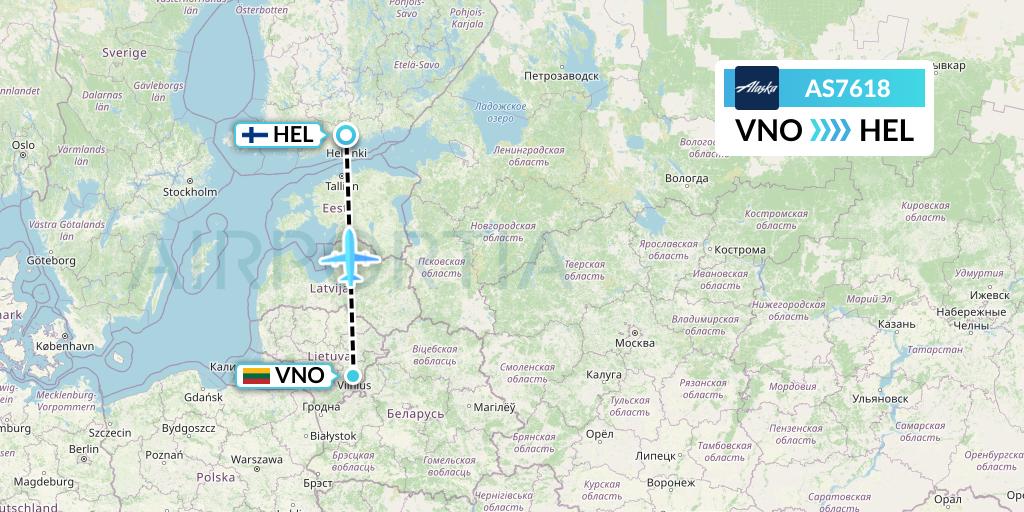 AS7618 Alaska Airlines Flight Map: Vilnius to Helsinki