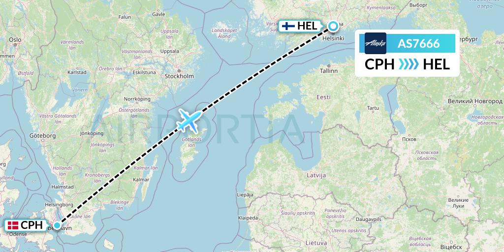 AS7666 Alaska Airlines Flight Map: Copenhagen to Helsinki