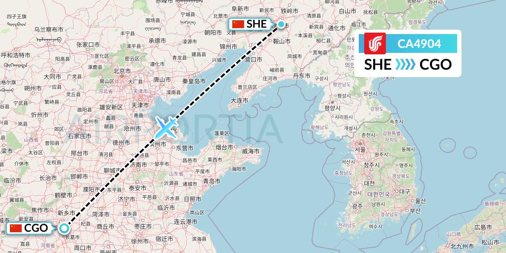 CA4904 Air China Flight Map: Shenyang to Zhengzhou