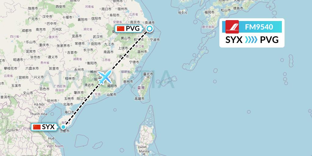FM9540 Shanghai Airlines Flight Map: Sanya to Shanghai