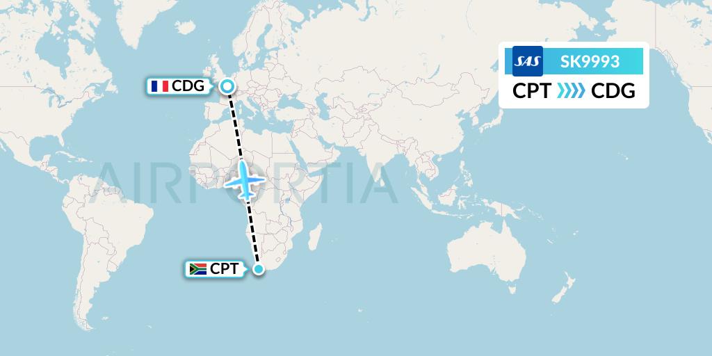 SK9993 SAS Flight Map: Cape Town to Paris
