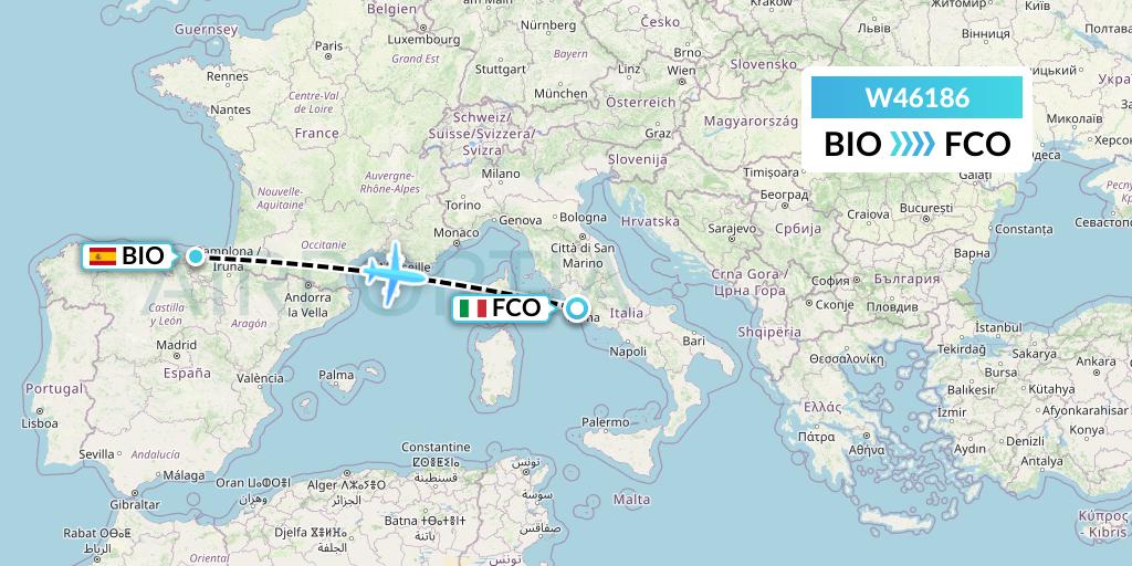 W46186 Wizz Air Malta Flight Map: Bilbao to Rome