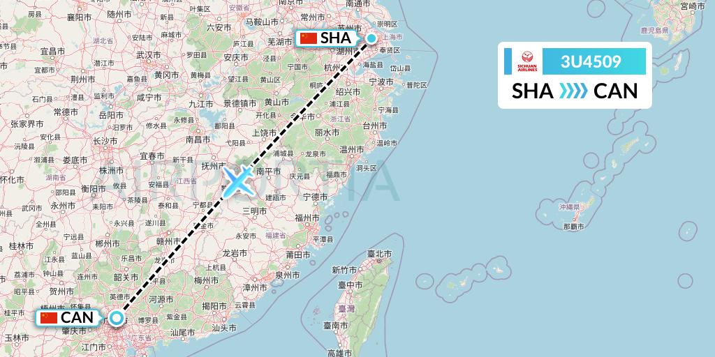 3U4509 Sichuan Airlines Flight Map: Shanghai to Guangzhou