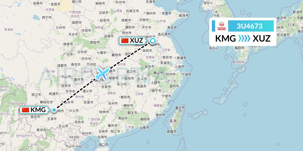 3U4673 Sichuan Airlines Flight Map: Kunming to Xuzhou