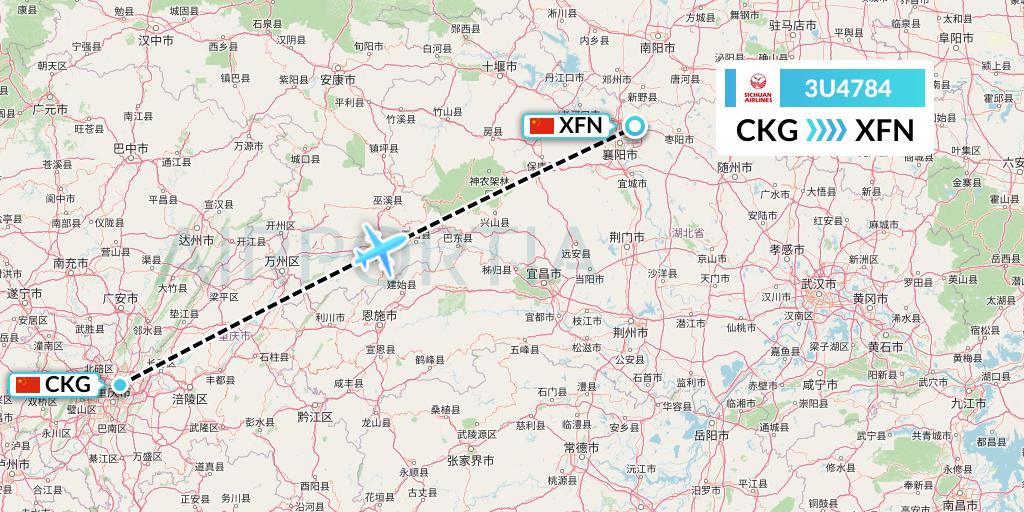 3U4784 Sichuan Airlines Flight Map: Chongqing to Xiangyang
