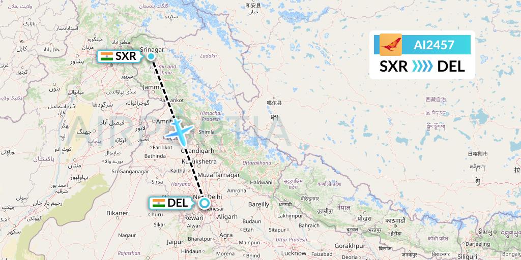 AI2457 Air India Flight Map: Srinagar to Delhi