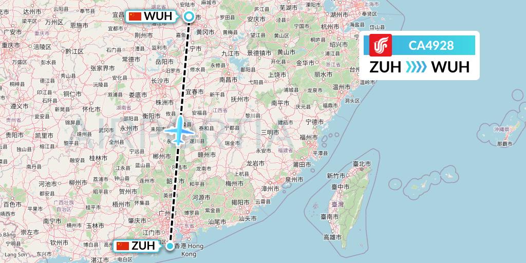 CA4928 Air China Flight Map: Zhuhai to Wuhan