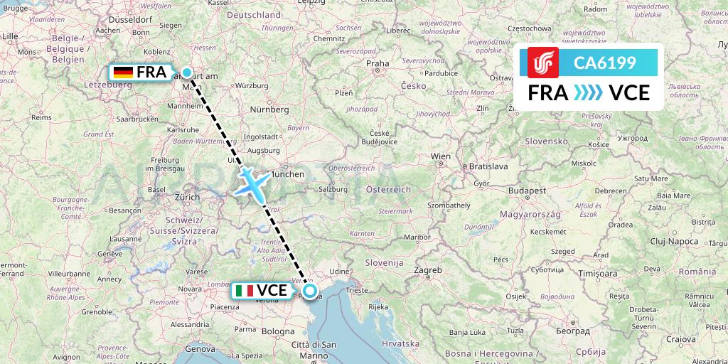 CA6199 Air China Flight Map: Frankfurt to Venice