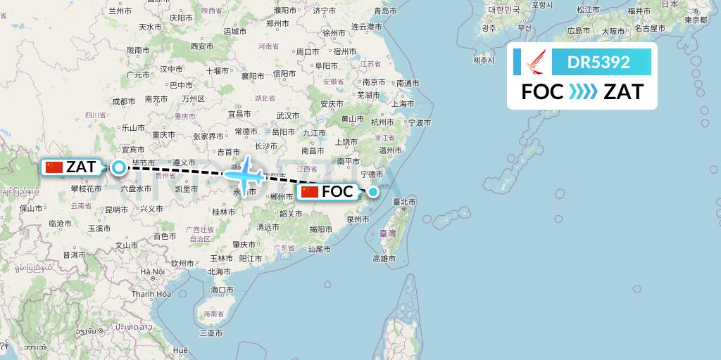 DR5392 Ruili Airlines Flight Map: Fuzhou to Zhaotong