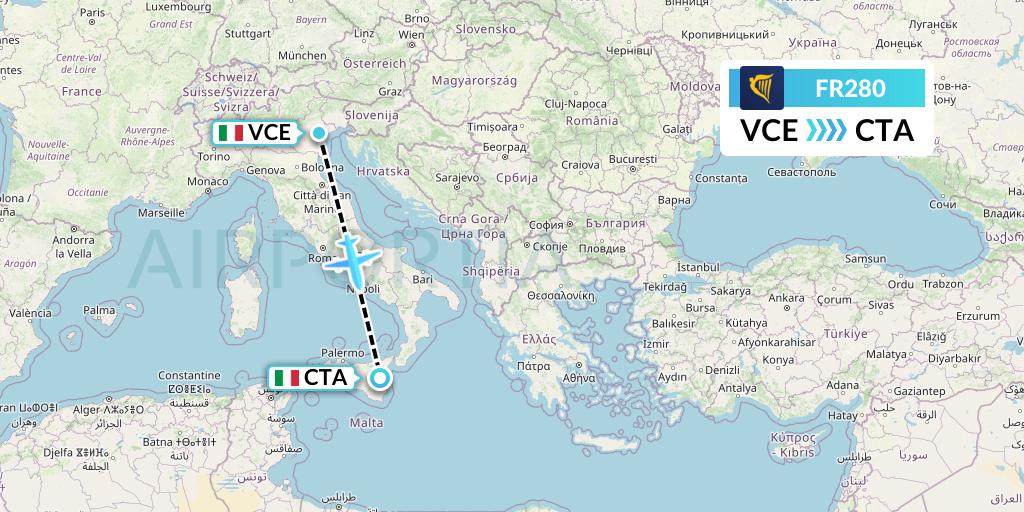 FR280 Ryanair Flight Map: Venice to Catania