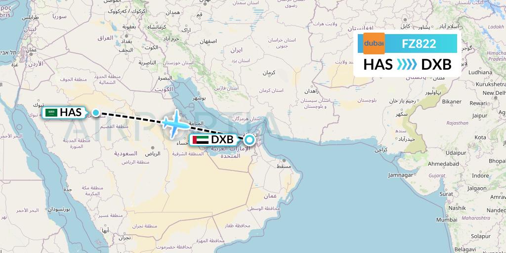 FZ822 FlyDubai Flight Map: Ha'il to Dubai