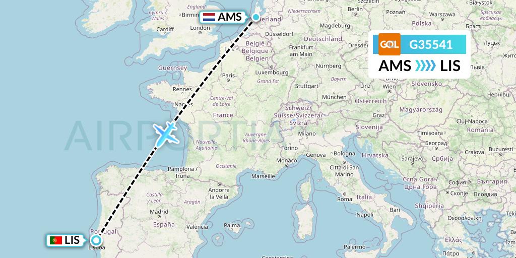 G35541 GOL Transportes Aeros Flight Map: Amsterdam to Lisbon